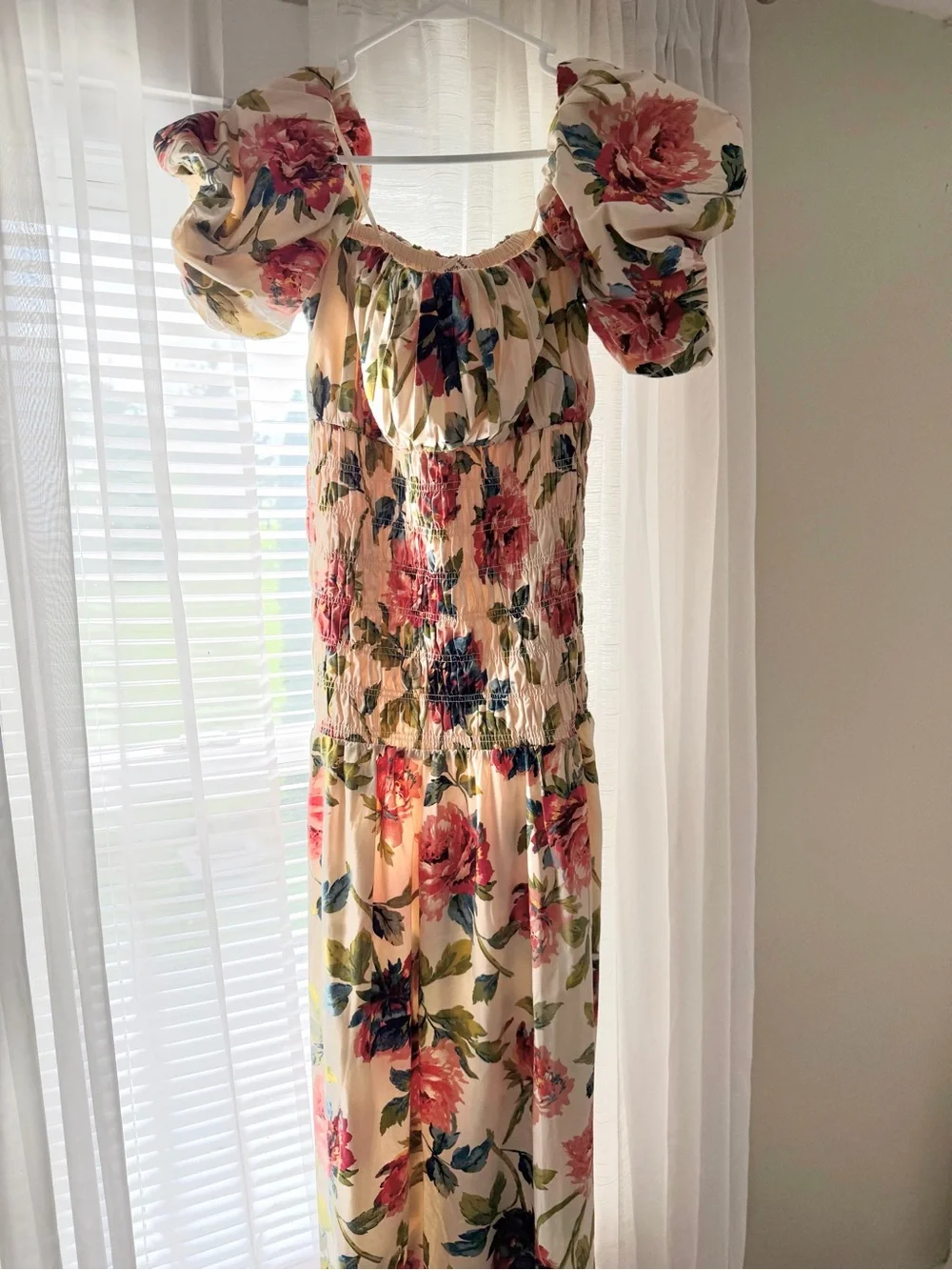 Abercrombie Floral Puff-Sleeve Midi Dress in Cream and Pink